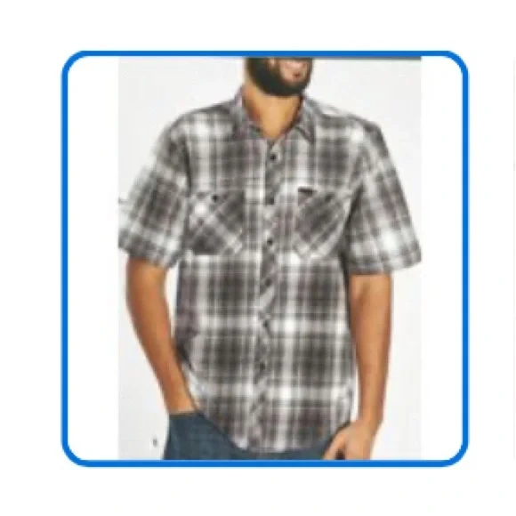 Orvis Men's Short Sleeve Button Up Tech Shirt Spread Collar Pockets Gray Plaid - Picture 1 of 10